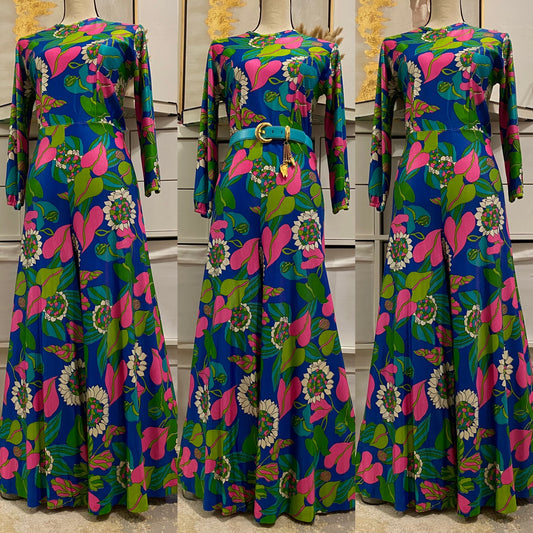 70's Floral Acetate Wide Leg Palazzo Jumpsuit (L)