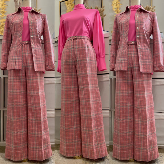 60s 70s 2pc Wide Leg Plaid Cotton Pantsuit (XS-S)