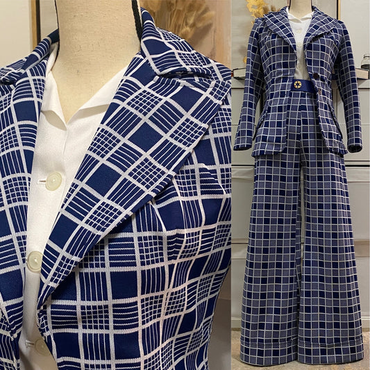 70s 2PC Check/Plaid Fitted, Wide Leg Pantsuit (S, 27"-31"W)