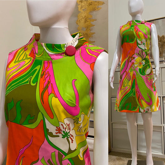 60s-70s Abstract Floral Mod Shift Dress (M)