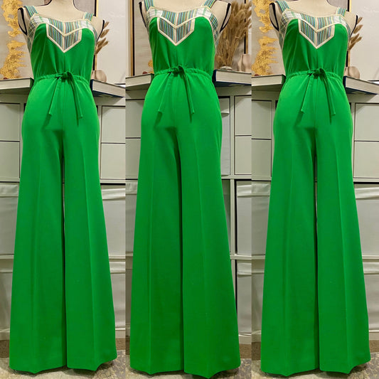 70's Kelly Green & Rainbow Stripes Wide Leg Jumpsuit (S)