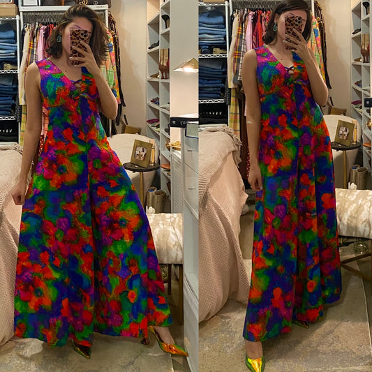 60s 70s Abstract Floral Hawaii Multicolor Palazzo Wide Leg Jumpsuit (L-XL)