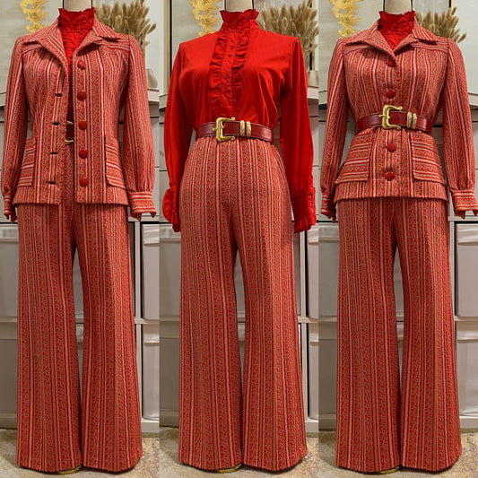 60's-70's Red Stripes Texturized 2PC Pantsuit (XS-S)