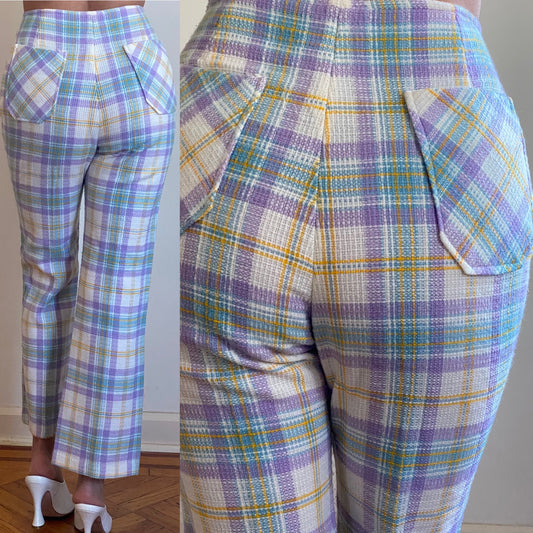 70's Pastel Plaid High Rise Flared Trousers (M)