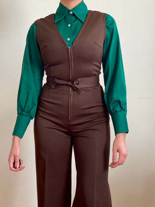 60's 70's Bishop Sleeves Pointy Collar Green Cotton Blouse (XS-S)