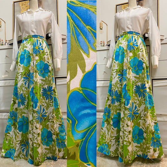 60's-70's Blue-Green Floral Palazzo Bottoms (XS-S)