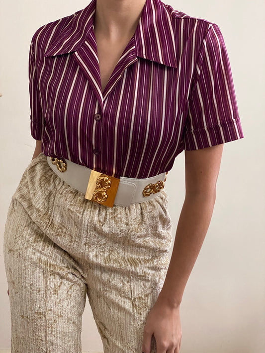 70's Striped Short Sleeve Button Up Top (M)