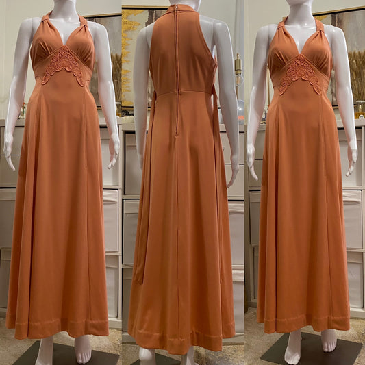 70's Halter Top Maxi Dress with Embroidery (S-M)