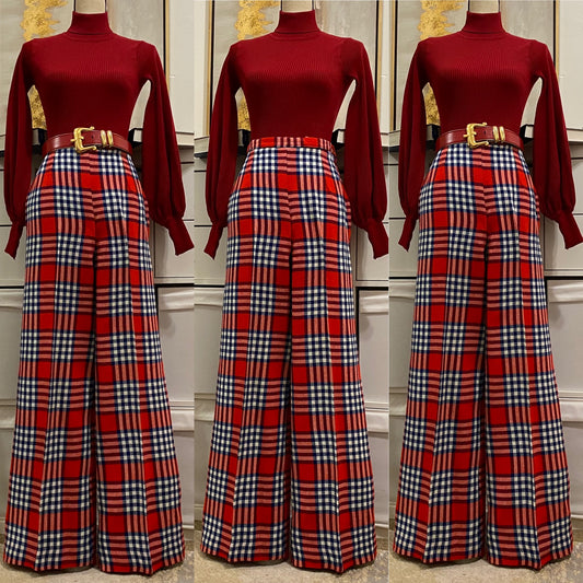 60's-70's Plaid High Rise Wide Leg Pants (M, 28"W)