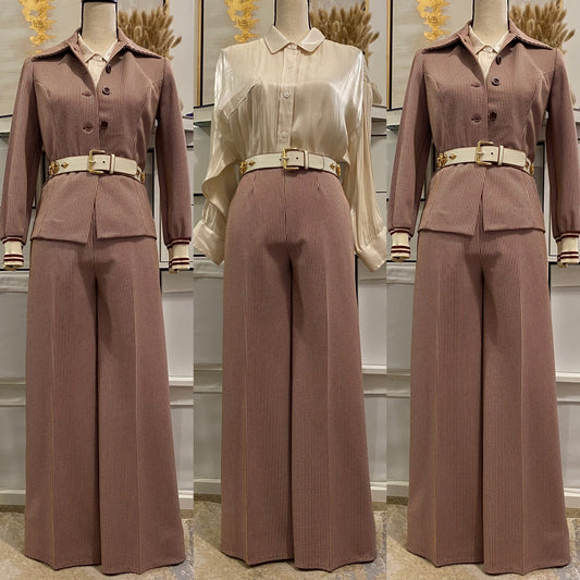 60's-70's Brown Hounds tooth Wide Leg Pantsuit (S, 27"W)