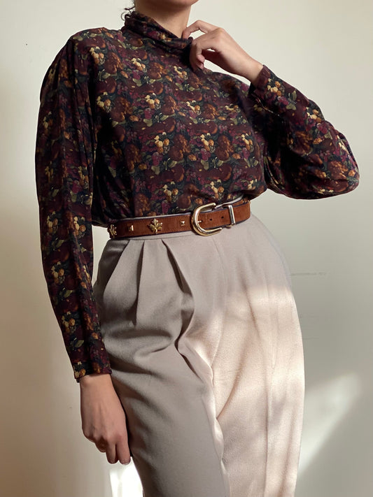 90s Fruit Print Mock Neck Long Sleeve Blouse (S)