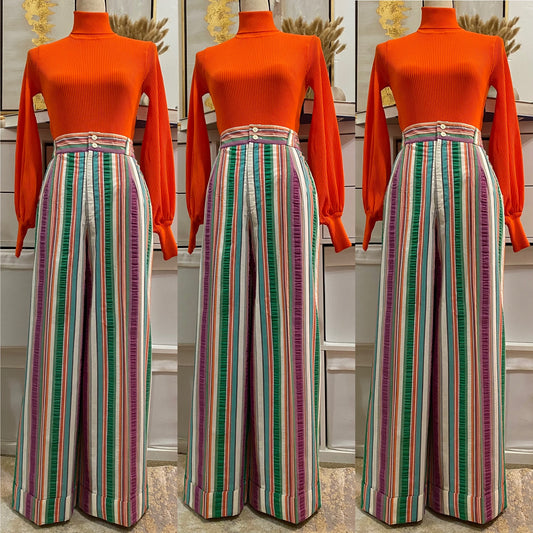 70's High Rise, Striped, Bell Bottom Cuff Pant (M-28")