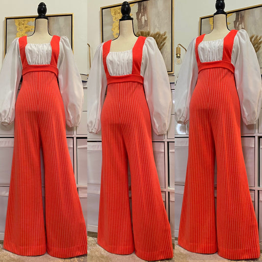 70's Coral Pink Puffy Sleeves Bell Bottom Jumpsuit (M-L)