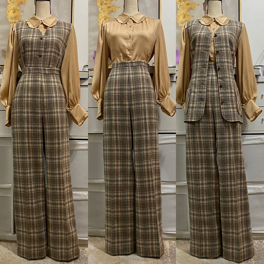 70's-80's Neutral Plaid 2PC Vest Pantsuit (M-L, 30"W)