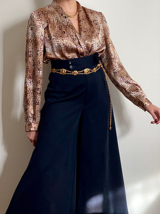 80's Golden Brown Abstract Draped Blouse (M)
