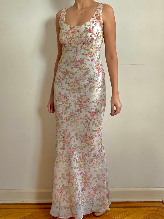 80's Floral Maxi Sleeveless Dress (S)