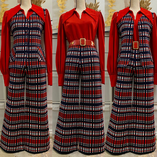 70's 2pc Wide Leg Pantsuit; Stripes/Plaid (S-M)