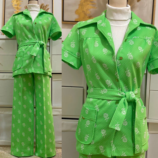 70’s Apple Green Floral Polka Dot 3-Piece Pantsuit (M-L)