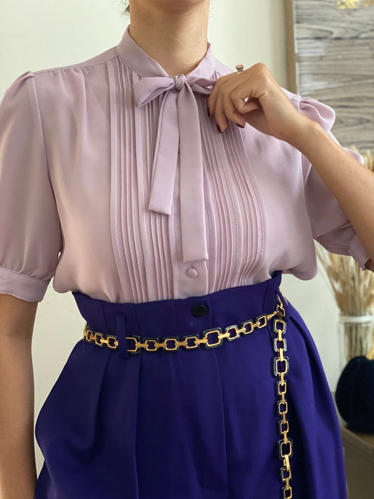 Pleated Short Bubble Sleeve Blouse