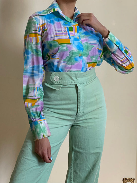 70's WATERCOLOR ABSTRACT STATEMENT COLLAR BLOUSE (M)