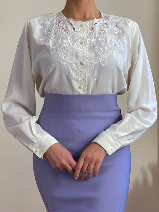 80's Floral Embroidered Long Sleeve Blouse (S-M)