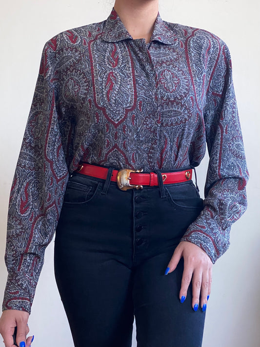 80's Grey Abstract Paisley Button Down Blouse (M)