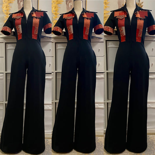 70's Patchwork & Zipper Front Wide Leg Jumpsuit (XS-S)