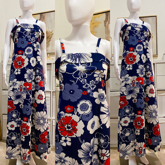 70's Floral Ruffle Strappy Maxi Sundress Sears (M-L)
