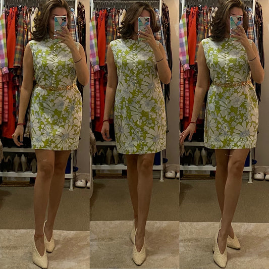 60's-70's Floral Crepe Shift Dress (M-L)