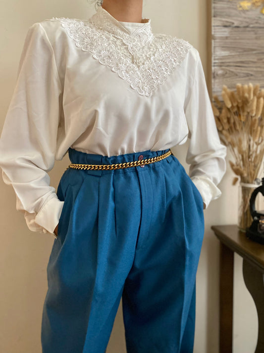 Lace & Pearl Accents Long Sleeve Blouse
