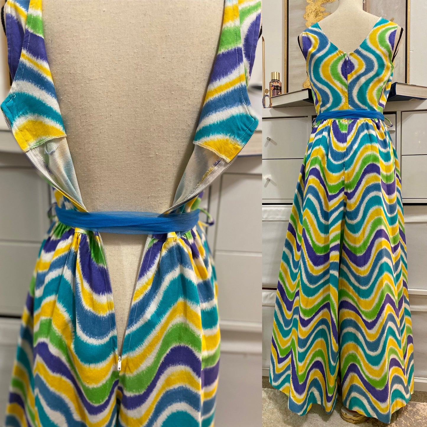 60's-70's Wavy Rainbow Cotton Palazzo Jumpsuit (S-M)