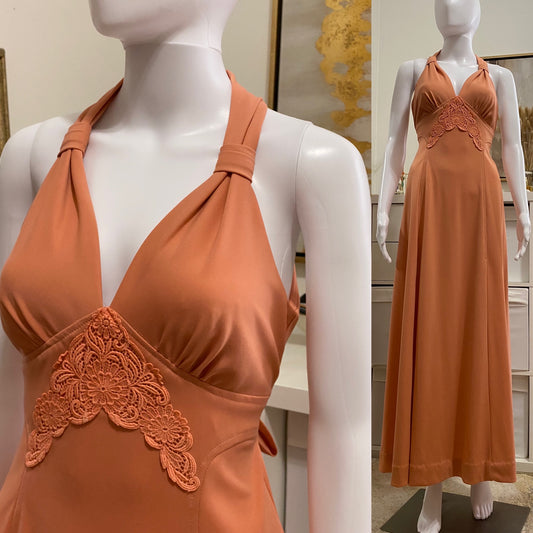 70's Halter Top Maxi Dress with Embroidery (S-M)