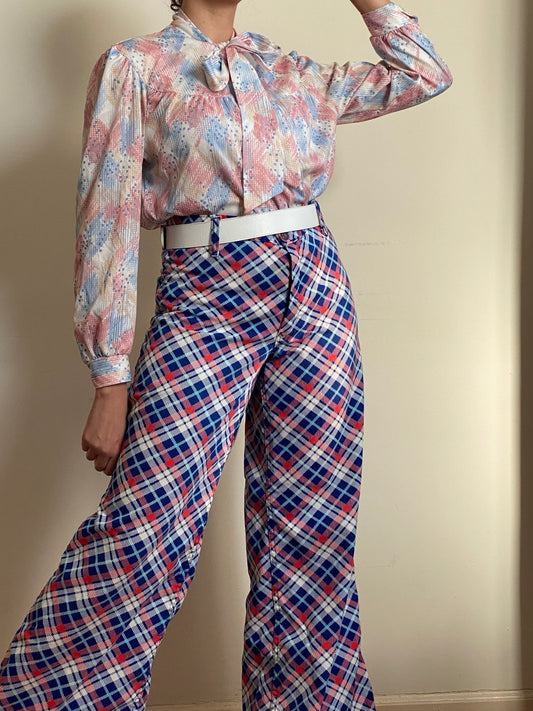 70's Pastel Abstract Bow Collar Blouse (M)