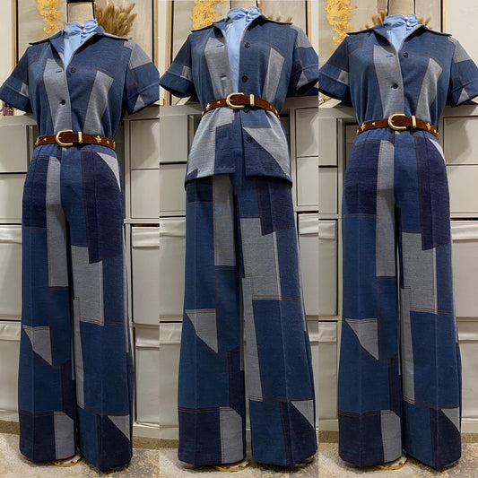 70s Denim Patchwork 2-Piece Pantsuit - Wide Leg Bottoms & Jacket Shirt (M-L)