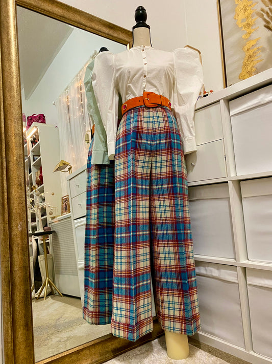60's Plaid/Tartan High Rise Bell Bottom Flares (26"W)