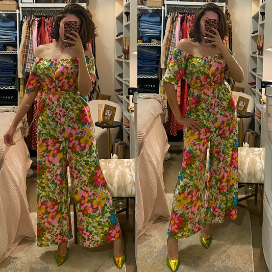 60’s-70’s Off the Shoulder Floral Wide Leg Jumpsuit (S-L)