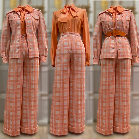 70's Pink-Peach Plaid Bell Bottom 2pc Pantsuit (XS-S)
