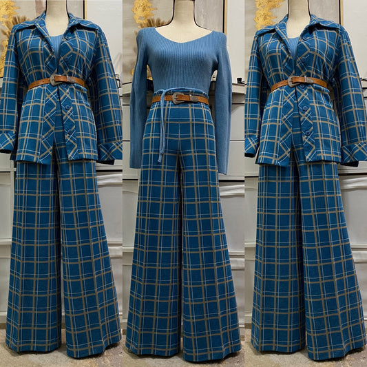 70's 2Pc Plaid/Checkered Wide Leg Pantsuit (L-XL)