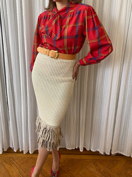Plaid long sleeve top with small pussy bow tie neck