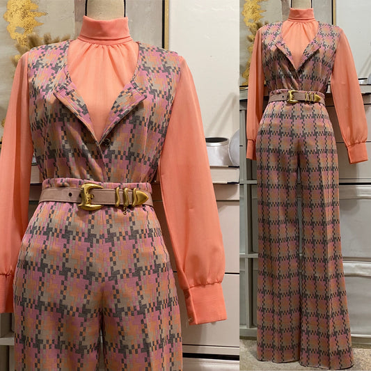 60's-70's Faded Pastel 2Pc Vest Pantsuit (M, 28"-33"W)
