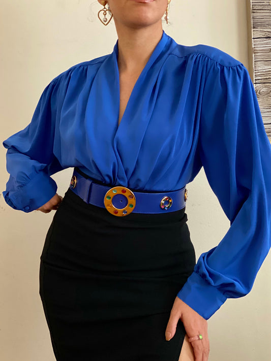 Draped Neckline with cinched waistline long sleeve blouse