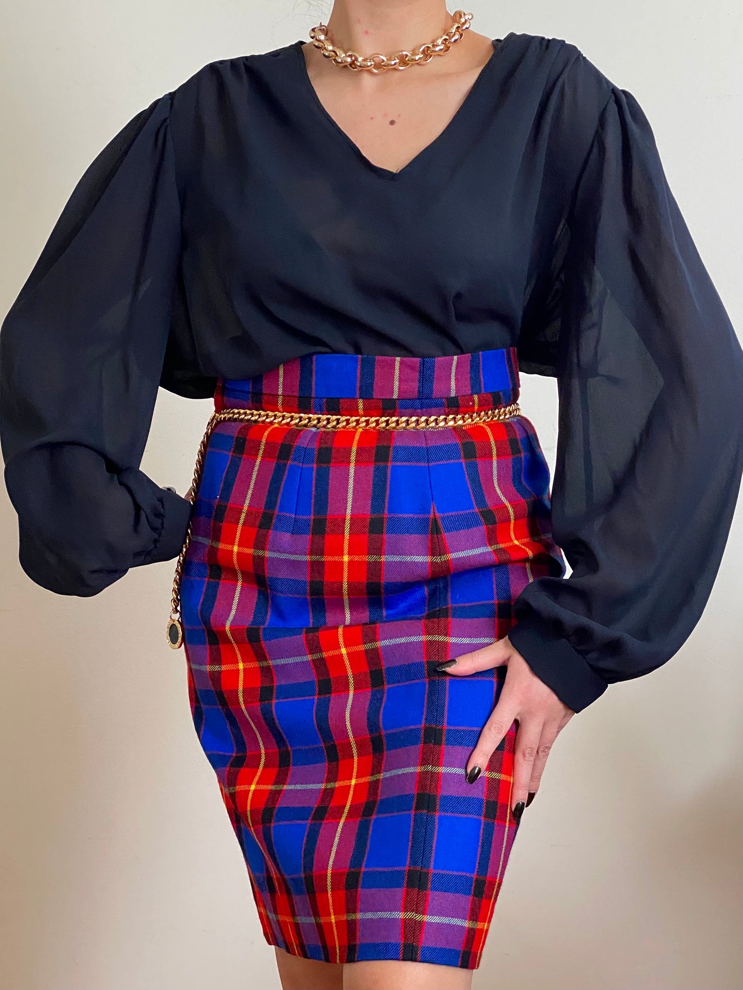 80's-90's ESCADA Plaid Rayon & Wool Knee Length Skirt (M)