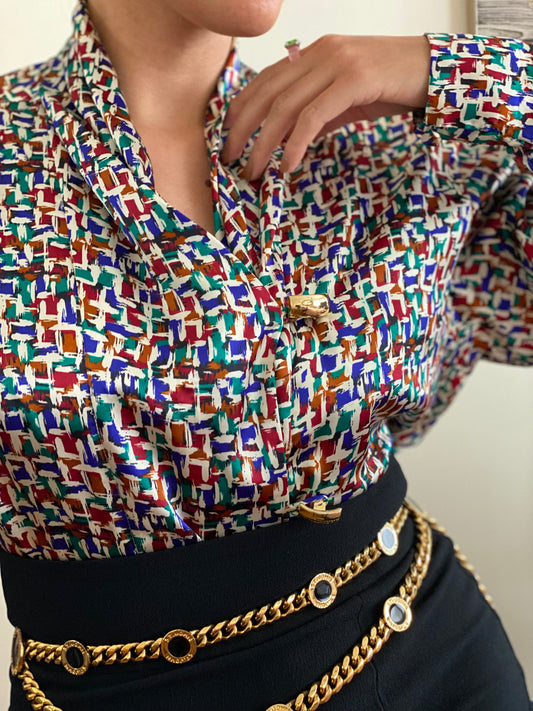 Satin Shawl Collar Long Sleeve Blouse with Multi-Color Abstract Pattern