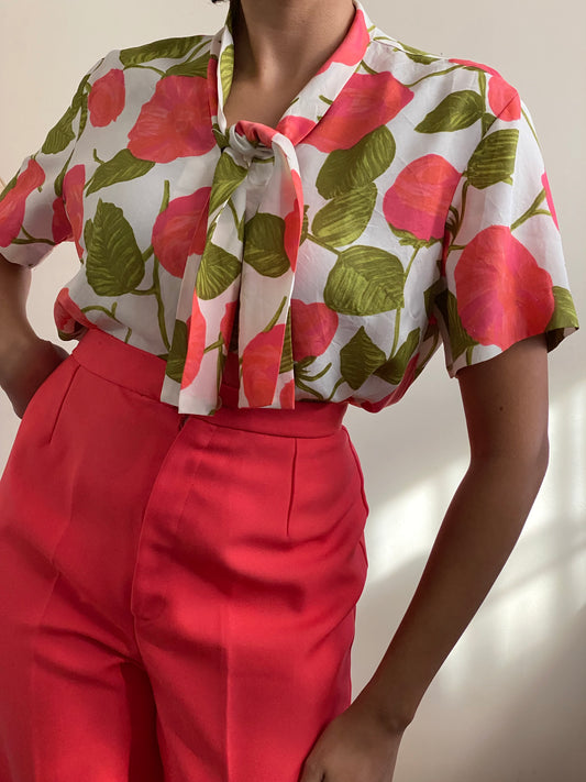 60's Colorful Floral Bow Short Sleeve Blouse (M)