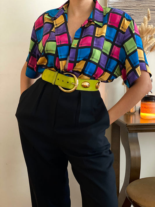 Neon Square Design Button Up Blouse