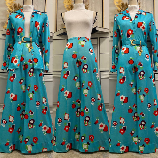 70's 2PC Floral - Geometric Wide Leg Flare Pantsuit (XS-S, 20"W-29"W)