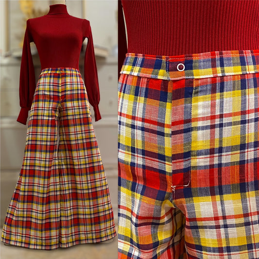 70s Midrise, Primary Colors, Plaid Bell Bottom Pants (S, 29"W)