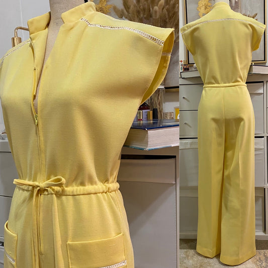 70's Pastel Yellow Bell Bottom w/ Crotchet Details Jumpsuit (S-L)