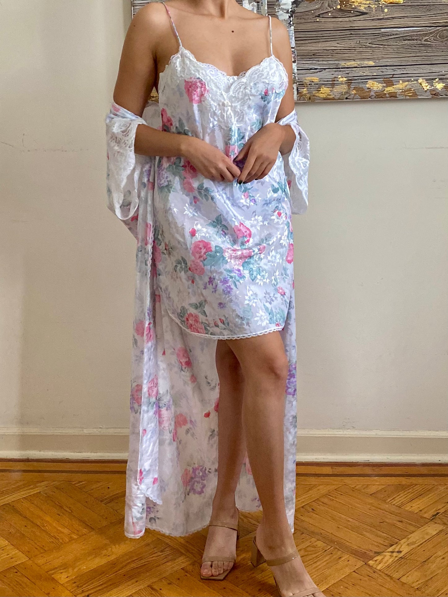 80's Floral Full Length Robe & Slip Set (M)