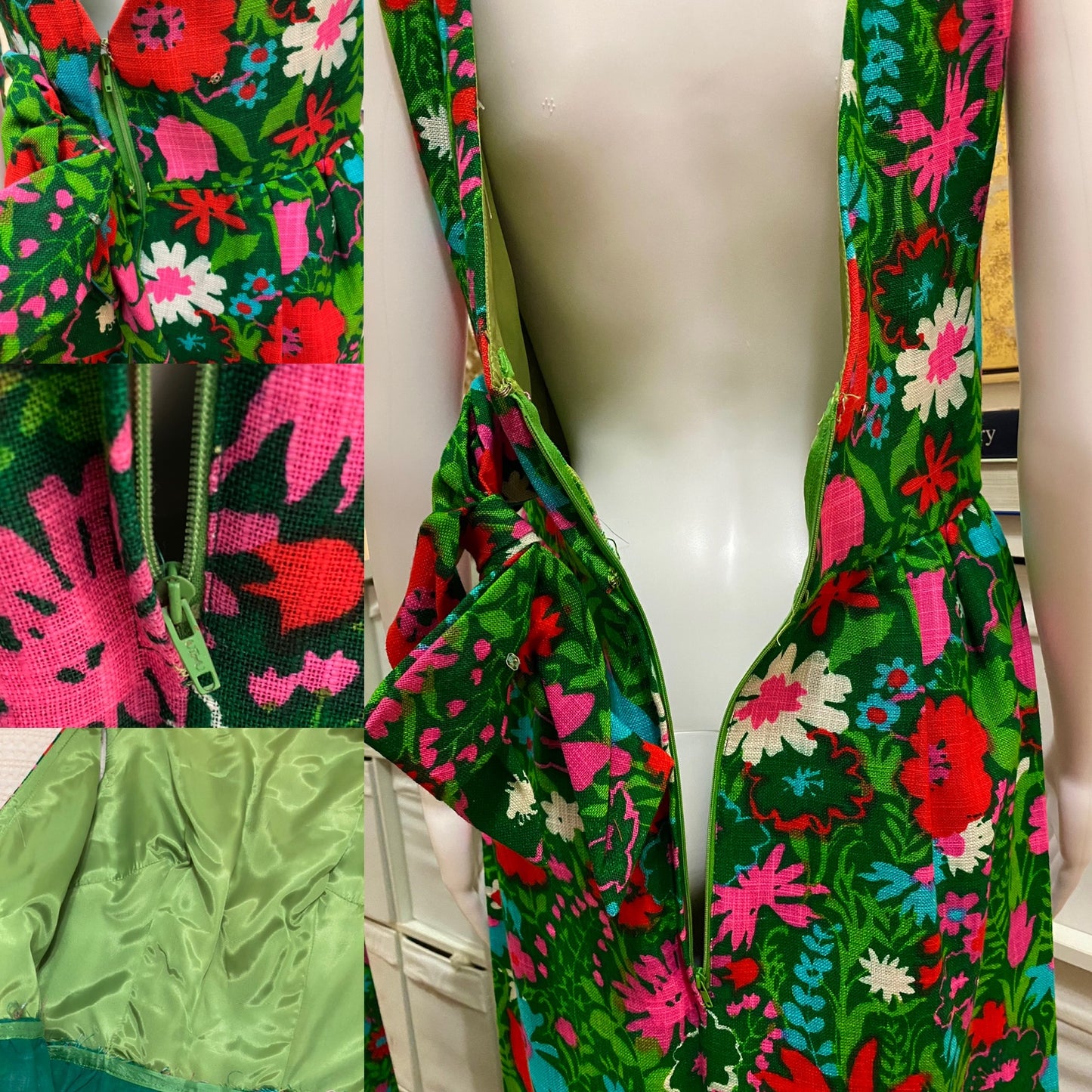 60’s-70’s Floral Maxi Dress with Plunging Back (M)